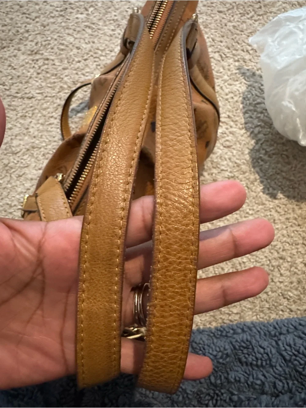 MCM Cognac Logo-Print Leather Shoulder Bag with Gold Hardware